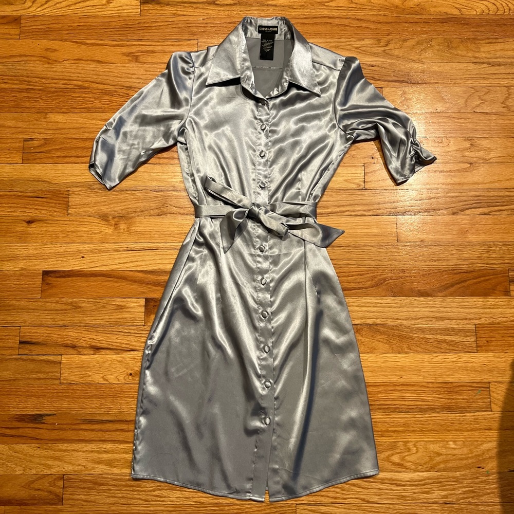 Vintage Guess Silver Lame Button Down Shirt Dress with Waist Tie